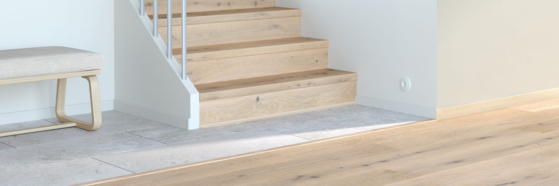 primer plano de una escalera con perfiles de madera noble a juego